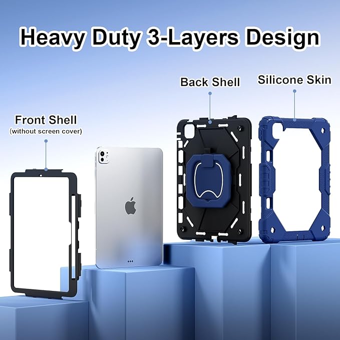 Dteck for iPad Pro 11 inch (M4/M5) 2024/2025 Release Shockproof Case with Shoulder Strap/Pencil Holder/Rotating Kickstand Handle, Heavy-Duty Sturdy Rugged Cover, Protective Tablet Shell, Blue Black