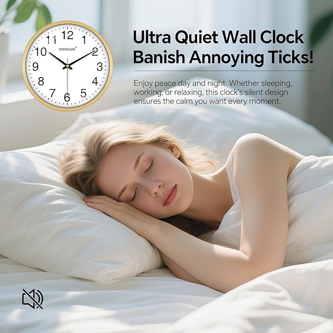 WISKALON 10 inch Wall Clock,Silent Non-Ticking Elegant Golden Frame Clock,Classic Digital Wall Clocks with Glass,Battery Operated Round Wall Clock,Easy to Read Home/Office/School Golden Clock