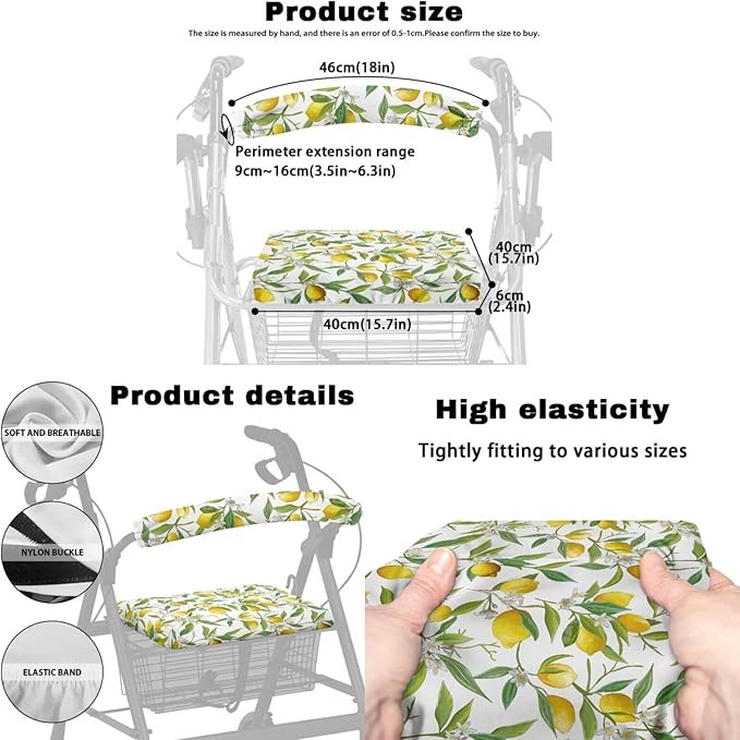 3 Piece Set Walker Accessories Yellow Lemon Walker Seat Cover Soft Rollator Seat and Back Rest Covers Underseat Pouch Tote, Easy to Install and Easy Clean