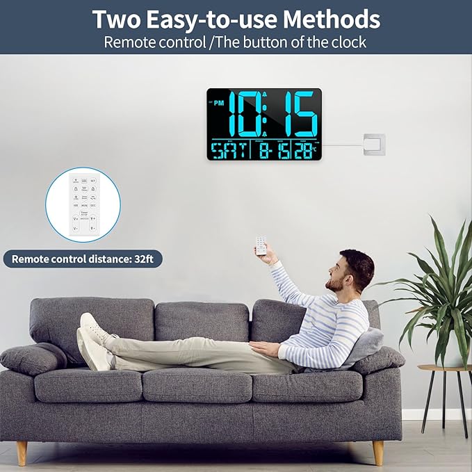 PERSUPER 13" Digital Wall Clock Large Display with Remote, 25 Ringtones, Temperature, Calendar, 0-100% Auto or Custom Brightness, 12/24H, DST, Timer, for Living Room, Kitchen, Bedroom, Elderly（Blue）