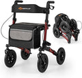 Goplus Walkers for Seniors with Seat, 2 in 1 Folding Rolling Rollator Walker with 9" Pneumatic Tires for All Terrain, Height Adjustment, Ergonomic Backrest, Aluminum Adult Mobility Walking Aid