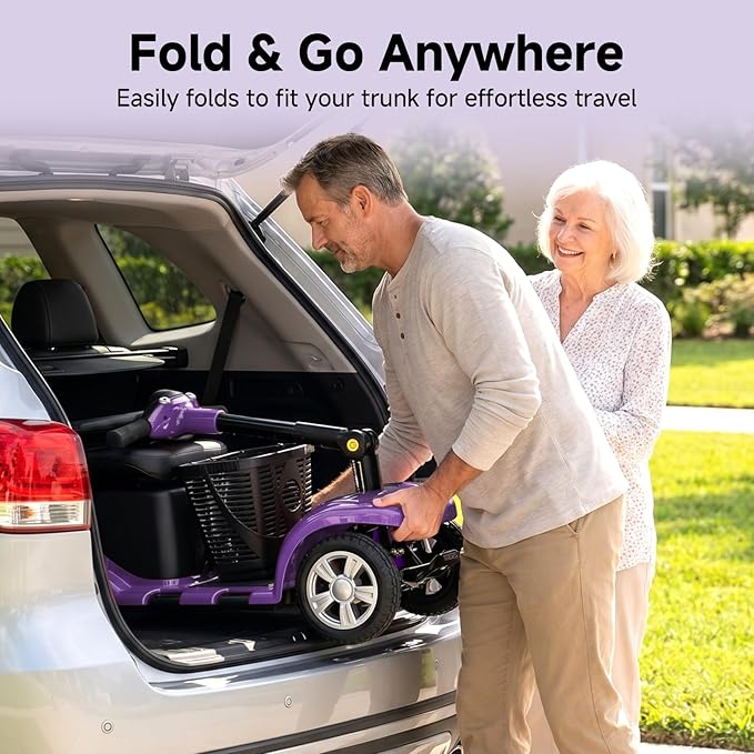 XERATH Mobility Scooters for Seniors Lightweight and Portable,Mobility Scooter with LED Headlights and Basket,lightest Foldable Mobility Scooter 4 Wheels Electric Powered Chargeable Device (Purple)