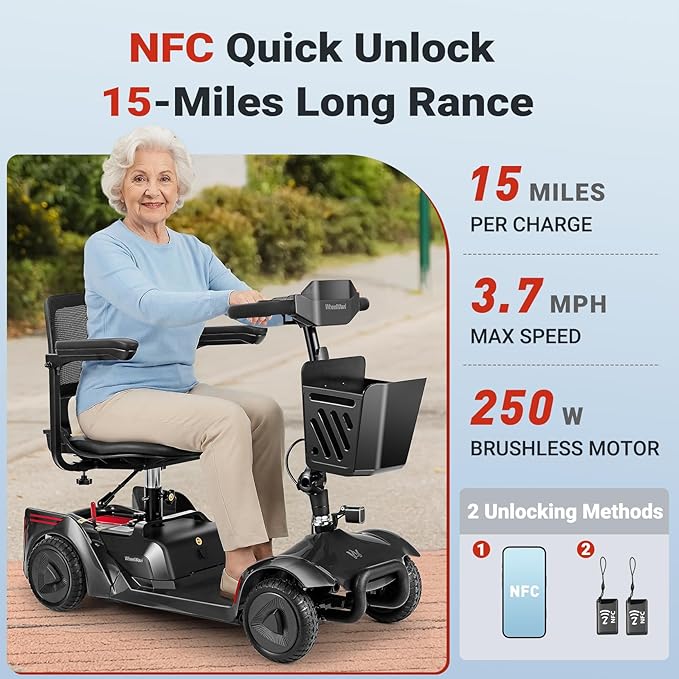 NFC One-Touch Keyless Unlock 4-Wheel Foldable Mobility Scooter for Seniors & Adults, 15 Mile Range, 3.7 MPH, Removable Battery, Digital Display, 300 lb Capacity, Black