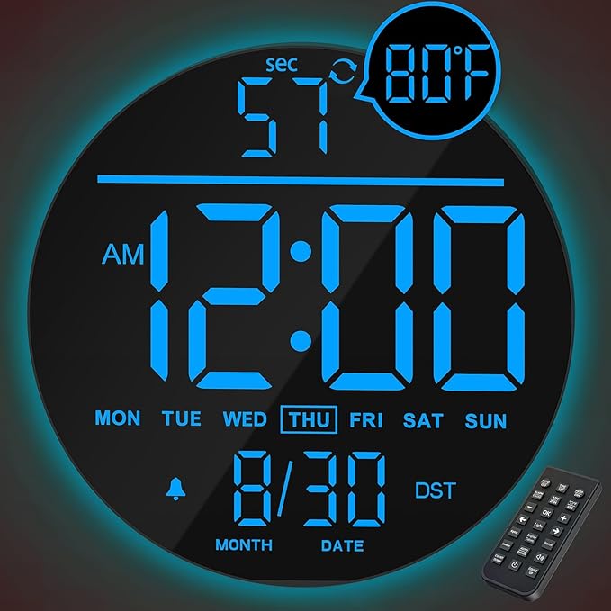 JALL 10" Large Digital Wall Clock with Seconds, Alarm Countdown Timer, Big LED Display, RGB Color, DST, Temperature, Mounted for Bedroom Living Room Office Classroom Gym, Xmas Birthday Gift, Blue