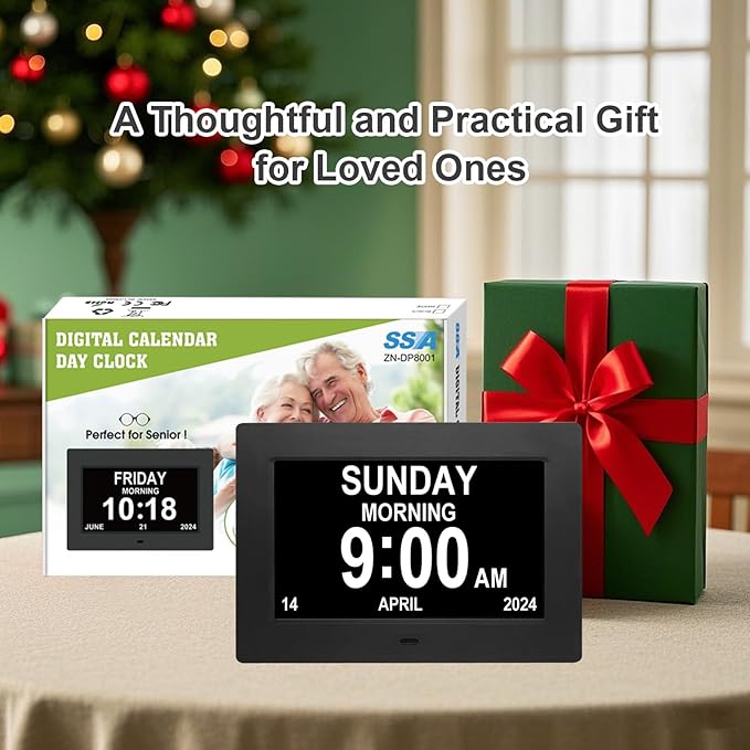 SSA Digital Calendar Alarm Day Clock for Senior, Dementia Clock with HD Screen, Remote Control, Adjustable Brightness, Multiple Alarm Options, Alarm Clock Ideal for Alzheimers & Memory Loss