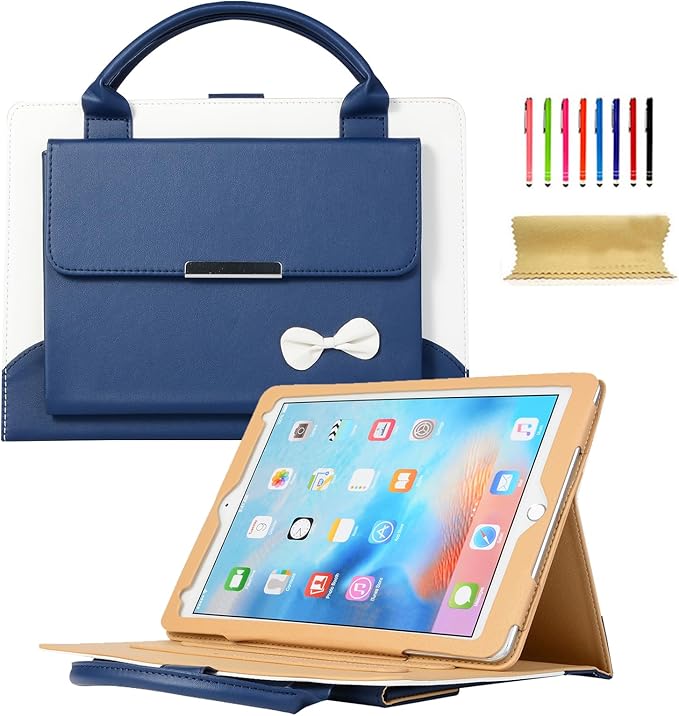 Dteck for iPad Air 13" M2/M3/M4, Pro 13" M4/M5, Pro 12.9" 3rd/4h/5th/6th Gen Smart Folio Case with Auto Sleep Wake, Stand, Handle, Pocket, Handbag Style PU Leather Protective Cute Bowknot Cover, Blue