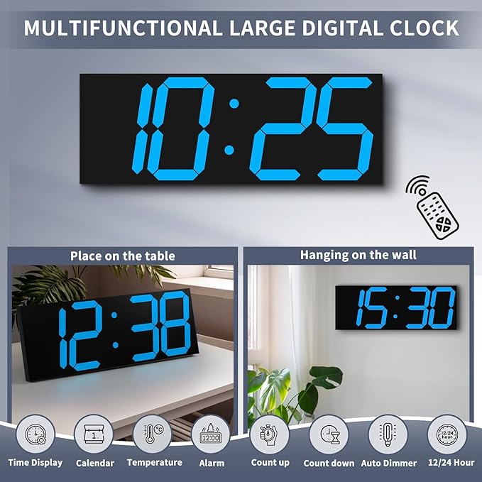 CHKOSDA 18.7in Large Digital Wall Clock,LED Digital Clock with Big Number,Multi-Function Remote Controlled Wall Clock with Timer, Alarm and Calendar Display(Blue)