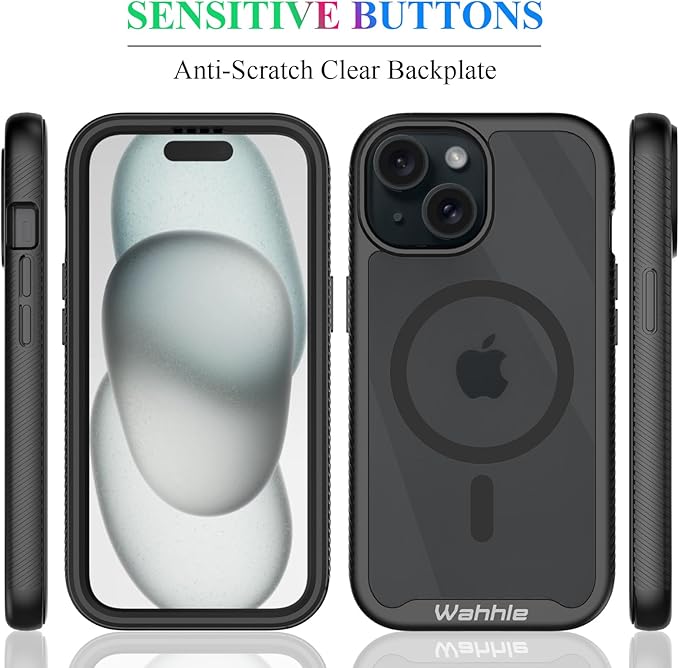 wahhle Compatible with iPhone 15 Case, Magnetic Wireless Charging Built in Screen Protector Full Body Shockproof Slim Fit Bumper Protective Phone Cover 6.1'' Men Women-Black/Clear