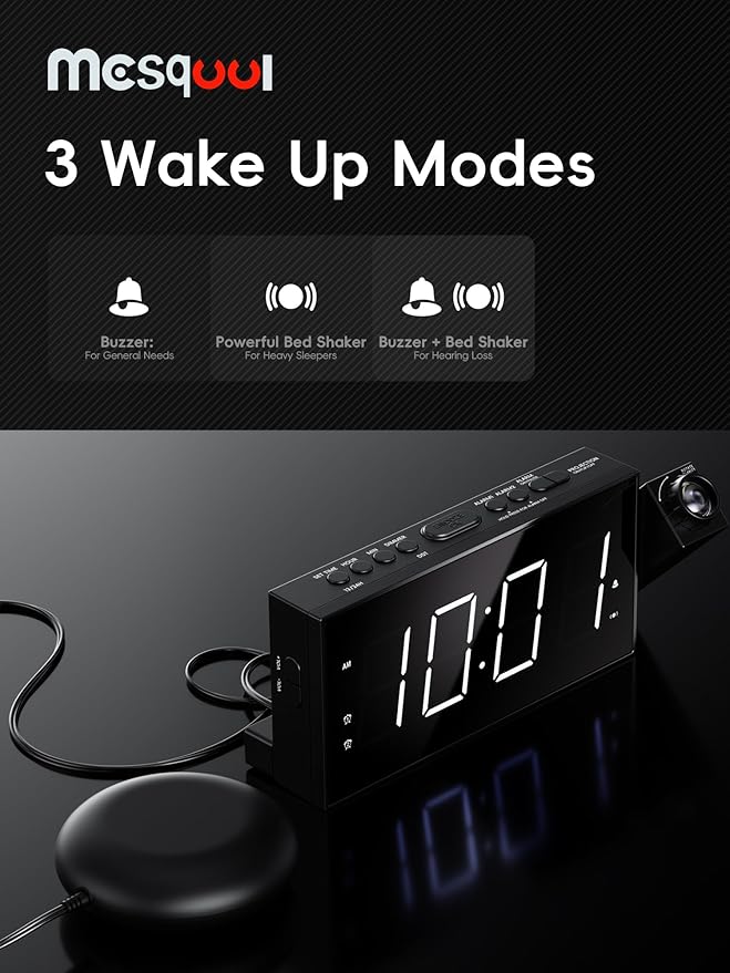 Projection Digital Alarm Clock with Bed Shaker for Bedroom, Extra Loud Alarm Clock for Heavy Sleeper, 180° Rotable Ceiling Projector Clock,2 Alarm,5 Dimmer Volume,USB Charger, Battery Backup,12/24H…