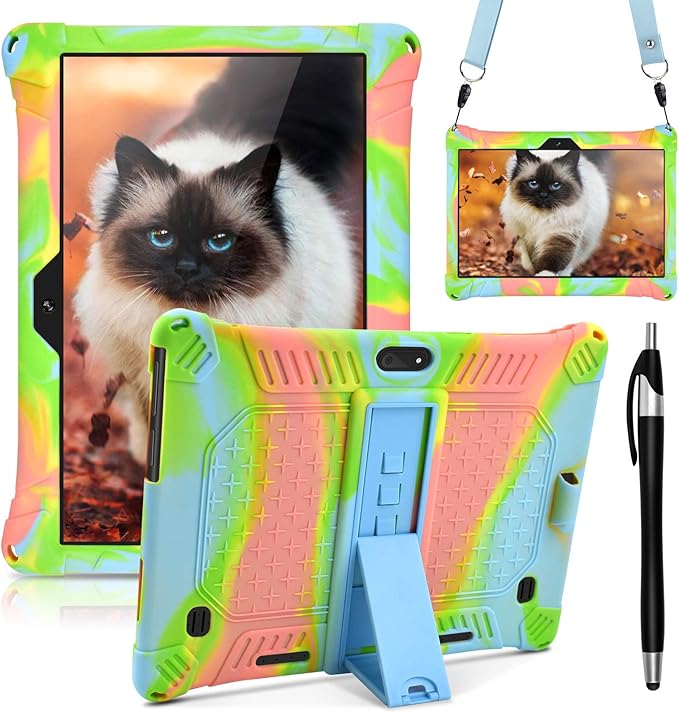 DETUOSI Case for YELLYOUTH 10.1 Tablet, Soft Silicone Lightweight Case Compatible with Dragon Touch Notepad K10, ZONKO 10.1, Beyond Tab 10.1, with Stylus Pen and Shoulder Strap, Orange Pink Blue