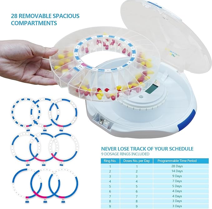 EziMedPil Bluetooth Pill Dispenser w/Sound & Light & App Alert, up to 9 Alarms/Day, Easy Setup on SmartLife, Frosted Lid & Locked 28-Day Medication Dispenser for Protecting Pills Privacy