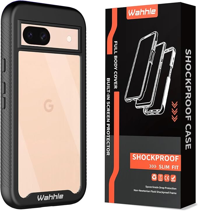 wahhle Compatible with Google Pixel 8A Case, Built in Screen Protector Full Body Shockproof Slim Fit Bumper Protective Phone Cover for Pixel 8A Men Women-Black/Clear