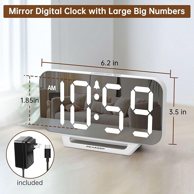 Peakeep Slim Digital Mirror Aesthetic Alarm Clock for Bedrooms Desk Decor, Plug in Electric Big LED Modern Small Clock for Office Living Room, Battery Backup, 6 Dimmers (White)