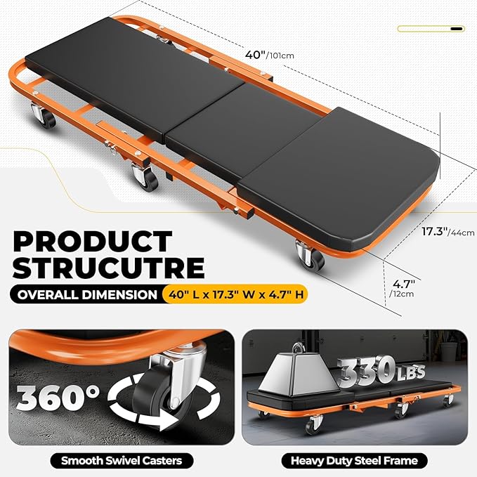 Auto Dynasty 40" Z-Creeper Seat, 2-in-1 Foldable Garage Creeper Shop Seat, 330 LBS Capacity Automotive Mechanic Repair Under Car Rolling Creeper Seat, Orange