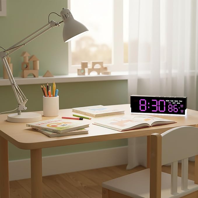 JENLYSTIME 7 Inch LED Digital Alarm Clock with Dual Alarms & Bottom Glow｜Displays Time, Date, Day, Temperature ｜3-Level Auto/Manual Brightness, DST, USB or Battery Powered Modern Desk Clock(Rose Red)
