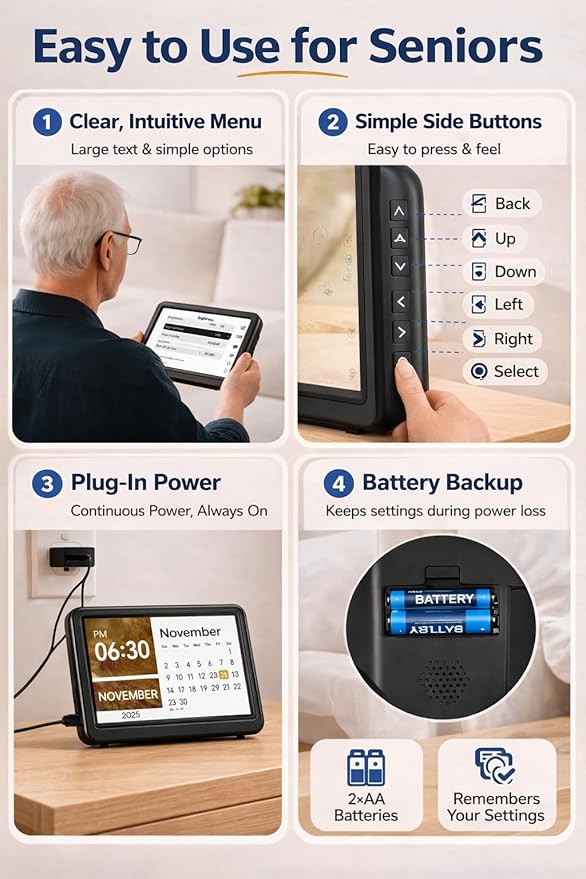 Mesqool Dementia & Alzheimer’s Clock for Seniors – 7" Large HD Display Digital Calendar with Day & Date, 20 Alarms & 20 Medicine Reminders, Memory Loss Support, Black