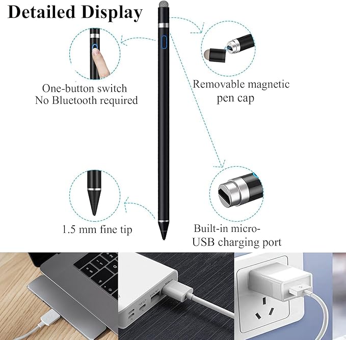 Active Stylus Pen for iPhone/iPad/Android, Kenkor Pencil with Dual Touch Function, Rechargeable Digital Fine Point Pen for Apple iPad Pro/Air/Mini/iPhone/Cell Phone/Samsung/Tablet Drawing & Writing