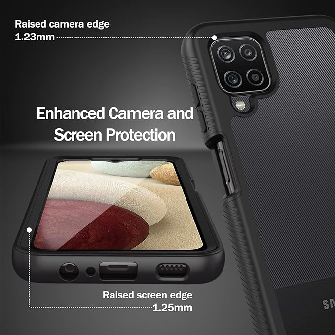 wahhle Compatible with Samsung Galaxy A12 Case, Built in Screen Protector Full Body Shockproof Slim Fit Bumper Protective Phone Cover for Samsung A12 Men Women-Black/Clear