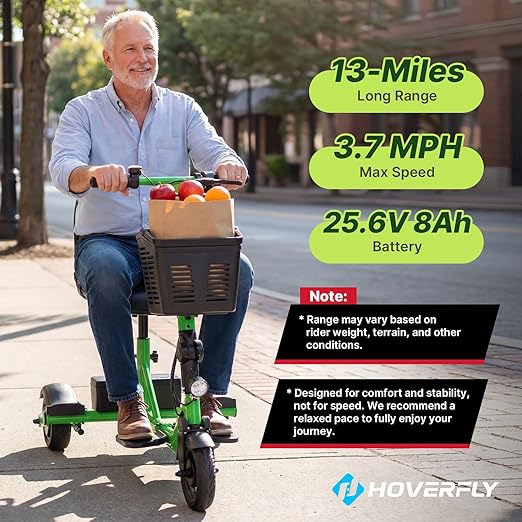 Hoverfly T3 Folding Powered Mobility Scooter for Seniors, Portable 3-Wheel E-Scooter with Seat, 13-Mile Range Safe LiFePO4 Battery, 264lbs Load&Solid 8" Tires, Fits in Car Trunks for Daily Rides Green