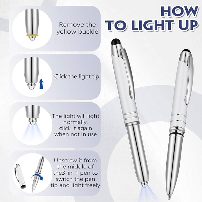 Zonon 15 Pieces 3 in 1 Ballpoint Pen with LED Flashlight and Stylus Tip Multi-Function Capacitive Pen, 1.0 mm Black Ink Metal Ballpoint for Touch Screens Nurse Teacher Gifts(White)