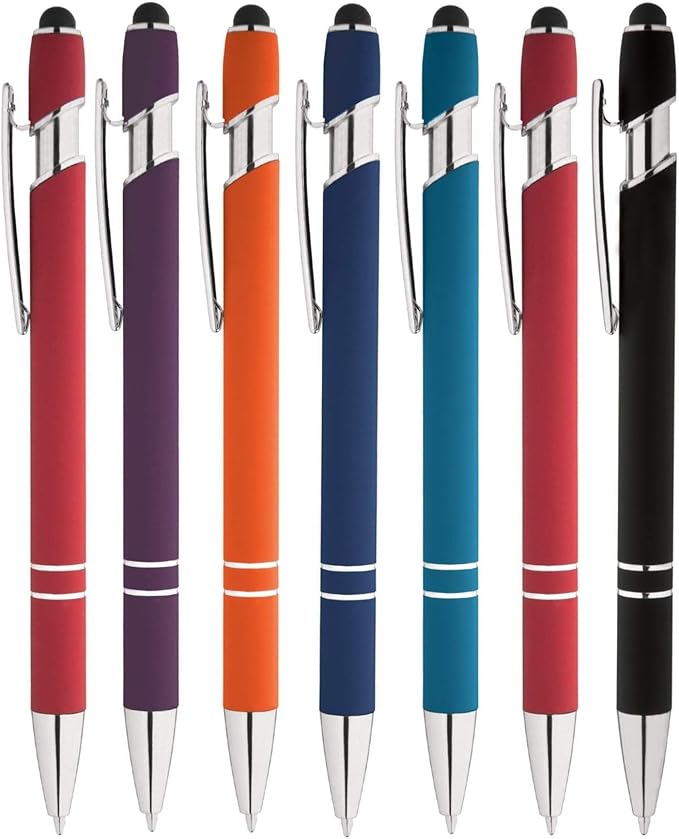 Express Pencils Rainbow Rubberized Soft Touch Ballpoint Pen with Stylus Tip a stylish, premium metal pen, black ink, medium point. Box of 7 (ASSORTMENT)