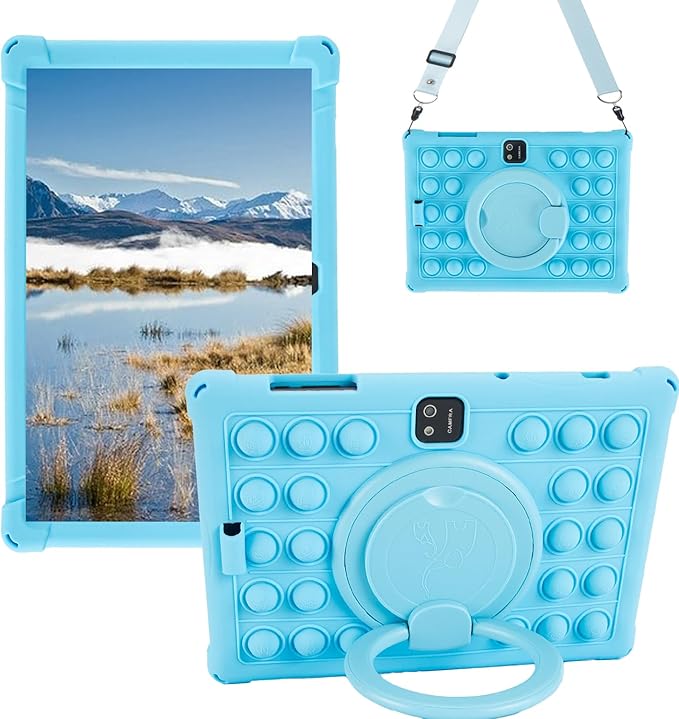 Silicone Tablet Case 360 Rotating Kickstand/Handle and Shoulder Strap Stylus Pen Soft Cover Compatible with JJGJ/QDDQ/AWOW TB02 10.1" Blue