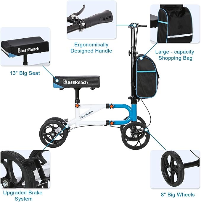 Knee Scooter，Knee Scooter for Adults for Foot Surgery，Knee Walker for Foot Injuries Compact Crutch Alternative with Dual Braking System (Blue)