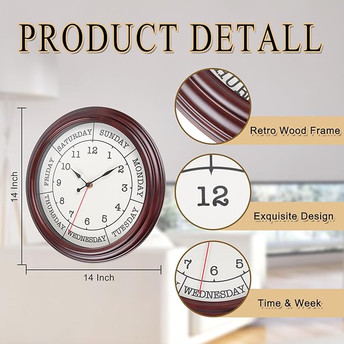 Day of the Week Clock 14 Inch Round Retirement Wall Clock with Wood Frame for Men Women Red Brown