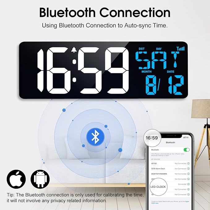 17 Inch Digital Wall Clock Large Display Bluetooth Sync Time, Auto-Dimming Digital Wall Clock with Remote, Date/Week/Temperature/DST, Plug-in Digital Clock for All Large Spaces Use, Gift