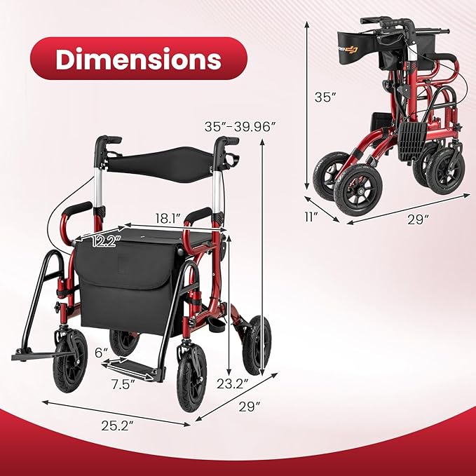 Goplus Walkers for Seniors with Seat, 2 in 1 Folding Rolling Rollator Walker & Wheelchair Combo with Brakes, 9" Pneumatic Tires for All Terrain, Aluminum Adult Mobility Walking Aid