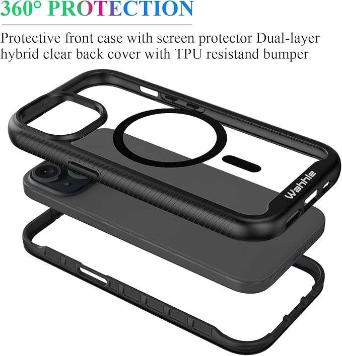 wahhle Compatible with iPhone 15 Plus Case, Magnetic Wireless Charging Built in Screen Protector Full Body Shockproof Slim Fit Bumper Protective Phone Cover 6.7'' Men Women-Black/Clear