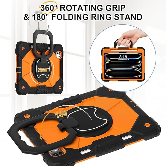 Dteck for iPad Pro 11 inch (M4/M5) 2024/2025 Release Shockproof Case with Shoulder Strap/Pencil Holder/Rotating Kickstand Handle, Heavy-Duty Sturdy Rugged Cover, Protective Tablet Shell, Black Orange