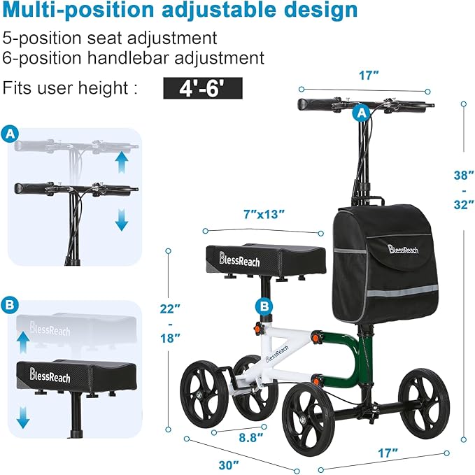 BlessReach Knee Scooter Steerable Knee Walker for Foot Injuries Compact Crutch Alternative with Dual Braking System (Green)