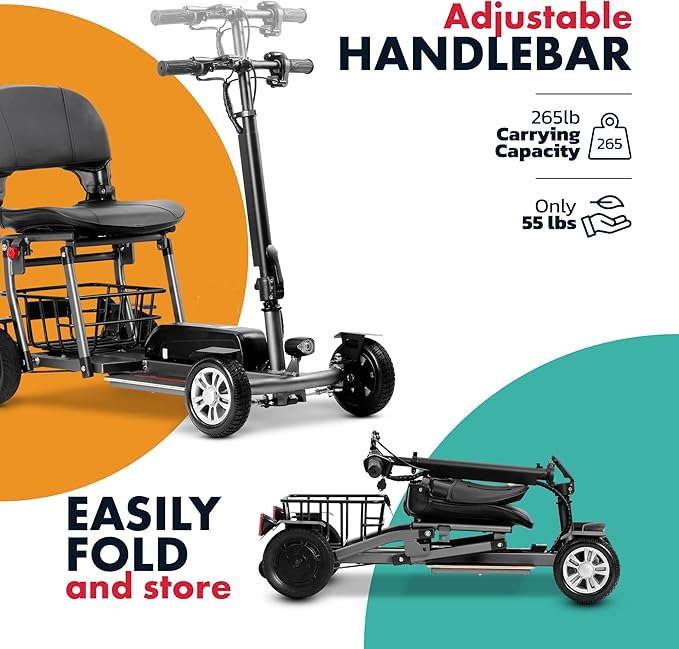 Rubicon FX4 - Lightweight 4 Wheel Foldable Mobility Scooters for Adults and Seniors - Detachable Lithium Battery - More Faster (9 Miles/Hour Speed) - Travel Friendly