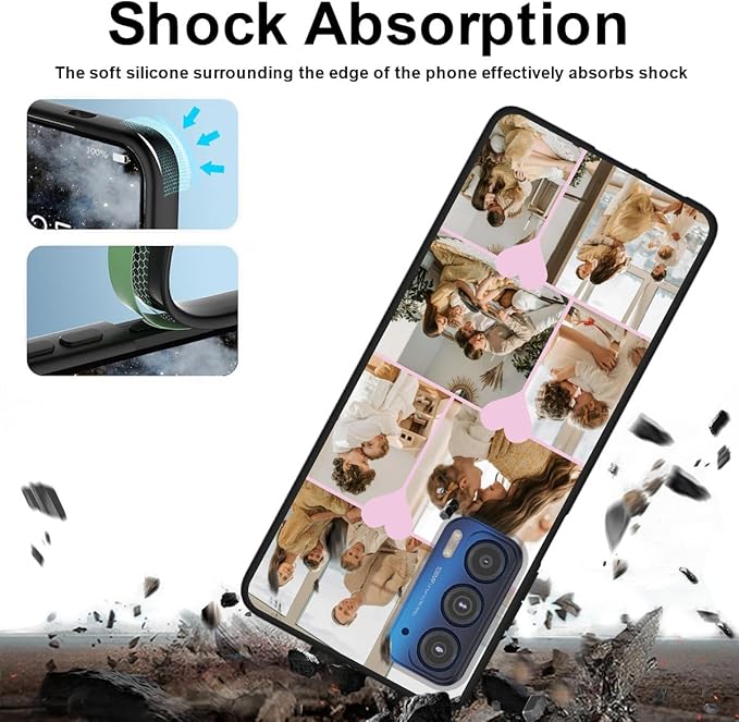 Personalized Photo Case for Motorola Moto Edge 2021 6.8 inch, Thin Slim Soft Rubber Black Phone Cover, Custom Picture Collage Pink Heart Cute Case for Women Girl, Gift for Birthday Anniversary
