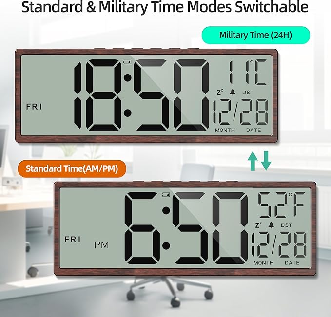 Digital Wood Wall Clock with Battery Operated, 15" Digital Clock Large Display with Date and Day of Week, Large Number with Temperature, Auto DST, Alarm, Snooze, 12/24-hour for Desk Office