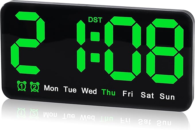 9.5 Inch Large Digital Wall Clock with LED Display, Auto DST, Dual Alarm with Snooze, Adjustable Brightness, Temperature & Date Display, Wall Mount or Desk Clock for Bedroom, Living Room, Office-Green