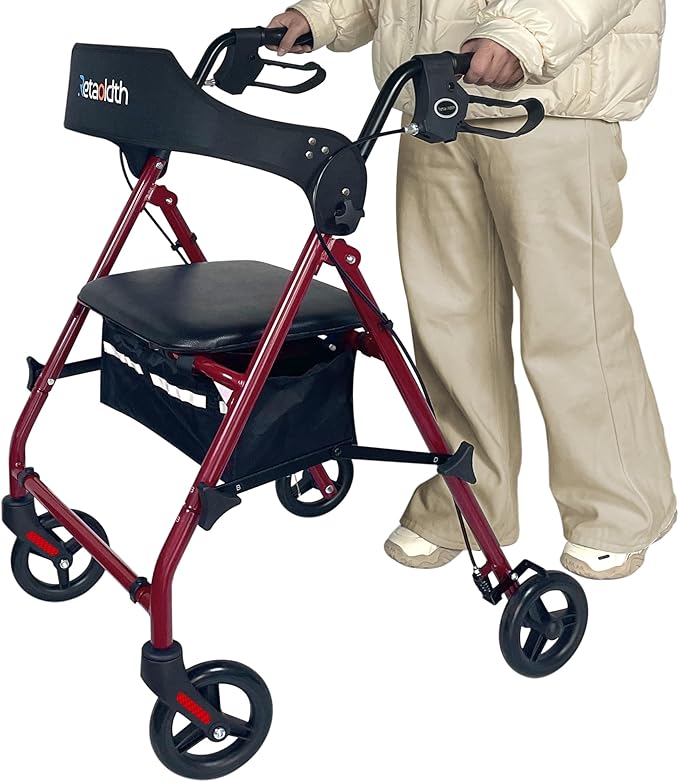 Rollator Walkers for Seniors with Seat, Foldable & One-Hand Carry, Upgraded Rolling Walker with Seat for Seniors, Handles Height Adjustable Rolling Walker for Seniors, Walking & Seated Rest, Red