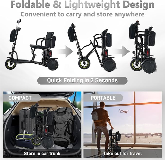 3-Wheel Folding Mobility Scooter Foldable Lightweight Electric Scooter for Adults & Seniors, Detachable Lithium Battery, Long Range 28 Miles, 3-Speed, with Rearview Mirror & Turn Signal (Black)
