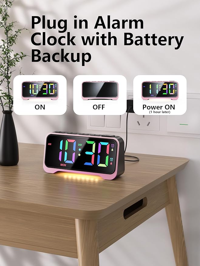 Mesqool Pink Digital Alarm Clock for Girls & Teens – Super Loud Alarm for Heavy Sleepers, RGB Display, Dual Alarm with Snooze, USB Charger, Night Light, Battery Backup, Plug-in Powered