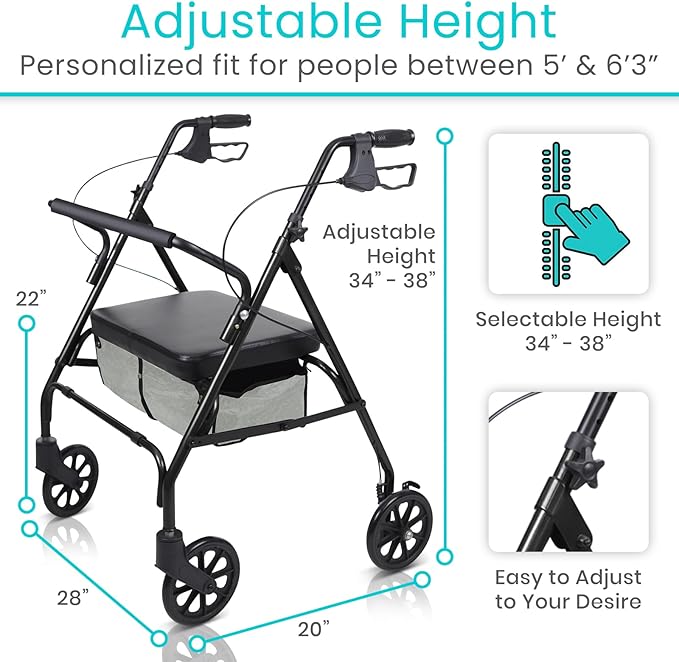 Vive Bariatric Rollator Walker for Seniors - 500 lbs Capacity - Rolling Walker with Seat Lightweight Easy Folding - Mobility Aids & Equipment - Adult Heavy Duty 4 Wheel Rollator with Brakes (Black)