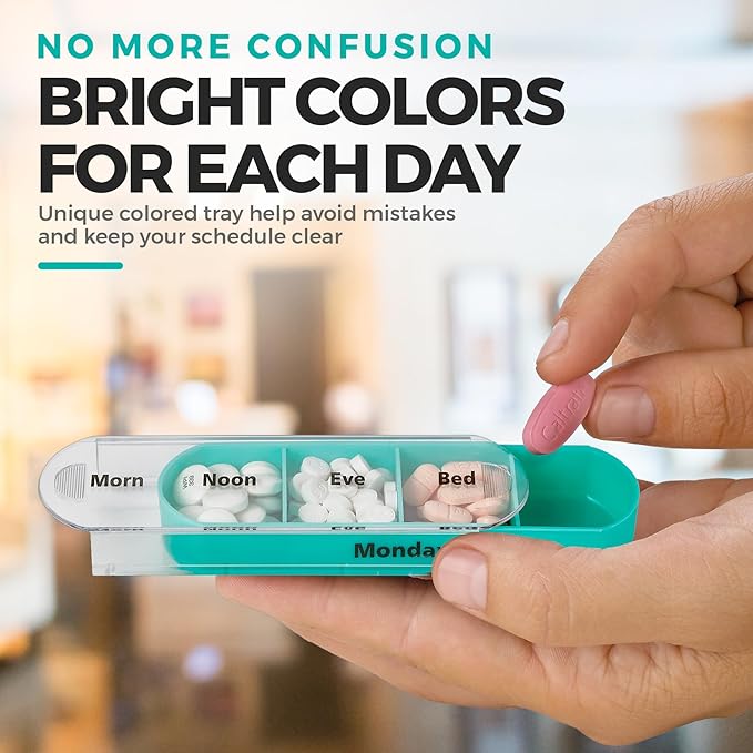 Weekly Pill Organizer, 1 Dispenser, 7 Stackable Compartments Four Times-a-Day - Morning, Noon, Evening, and Bedtime, Black (Case of 40)