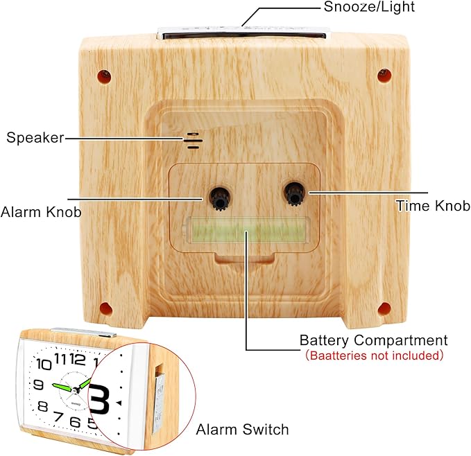 DTKID Large Alarm Clock for Bedside, Silent Non-Ticking Analog Clock with Night Light, Battery Powered, Gradually Increasing Alarm for Heavy Sleepers, Seniors