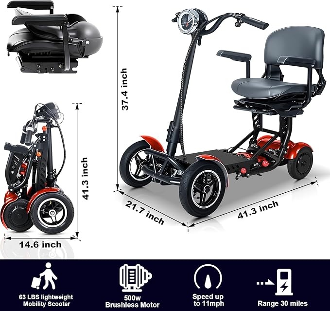 Mobility Scooters for Seniors & Adults– 4 Wheel Foldable Portable Electric Scooter, 500W Dual Motor, 30-Mile Range, 11 MPH, All-Terrain Lightweight Folding Mobility Scooter Lightweight for Adults