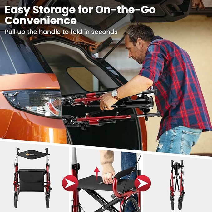 Goplus Walkers for Seniors with Seat, 2 in 1 Folding Rolling Rollator Walker & Wheelchair Combo with Brakes, 9" Pneumatic Tires for All Terrain, Aluminum Adult Mobility Walking Aid