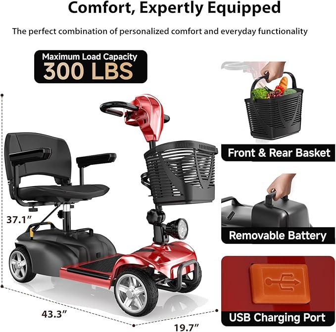iScooter 4 Wheels Mobility Scooter, Up to 300LBS Mobility Scooter for Seniors & Adults, Foldable Electric Wheelchair Device, LED Headlight, Basket, Cup Holder,Long Range,USB Charging