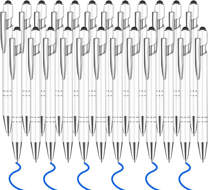 24 Pcs Blue Ink Ballpoint Pen with Stylus Tip 2 in 1 Ballpoint Pen 1.0 mm Blue Ink Metal Stylus Pen for Touch Screens Coworkers, Family, Colleagues, Office (White)