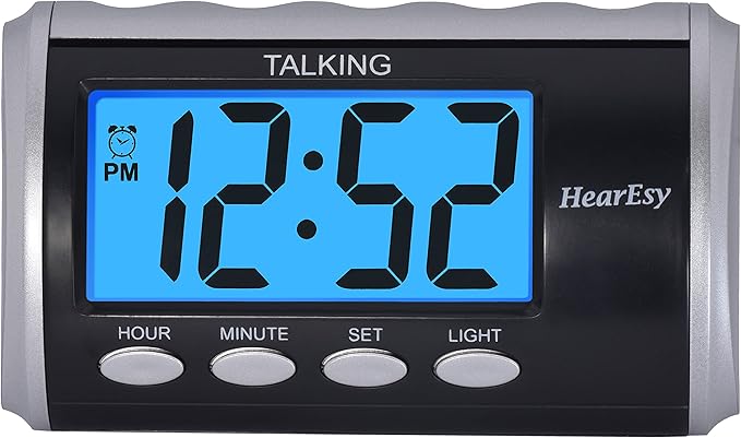 Talking Alarm Clock for Visually Impaired - Large Numbers Desk Clock - Day Clock for Seniors - Battery Operated Large Display Alarm Clock, Digital Clock, Digital Alarm Clock (silver)