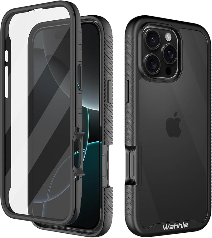 wahhle Compatible with iPhone 16 Pro Case, Built in Screen Protector Full Body Shockproof Slim Fit Bumper Protective Phone Cover 6.3'' Men Women-Black/Clear