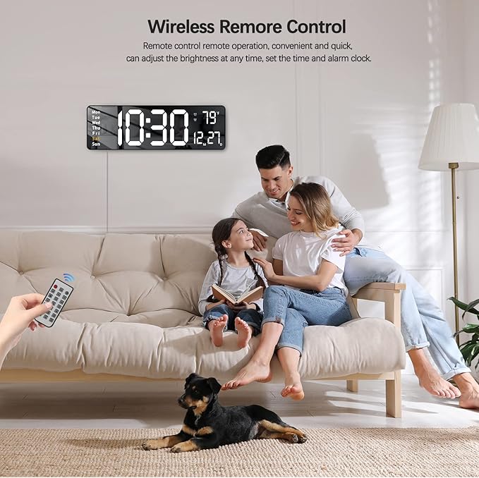 JoFomp Modern 16" Large Digital Wall Clock with Remote Control, LED Display, Auto-Dimming, Countdown, Temperature, Calendar - 12/24Hr Format - Silent Wall Clock for Home, Office, or Gym Use (White)